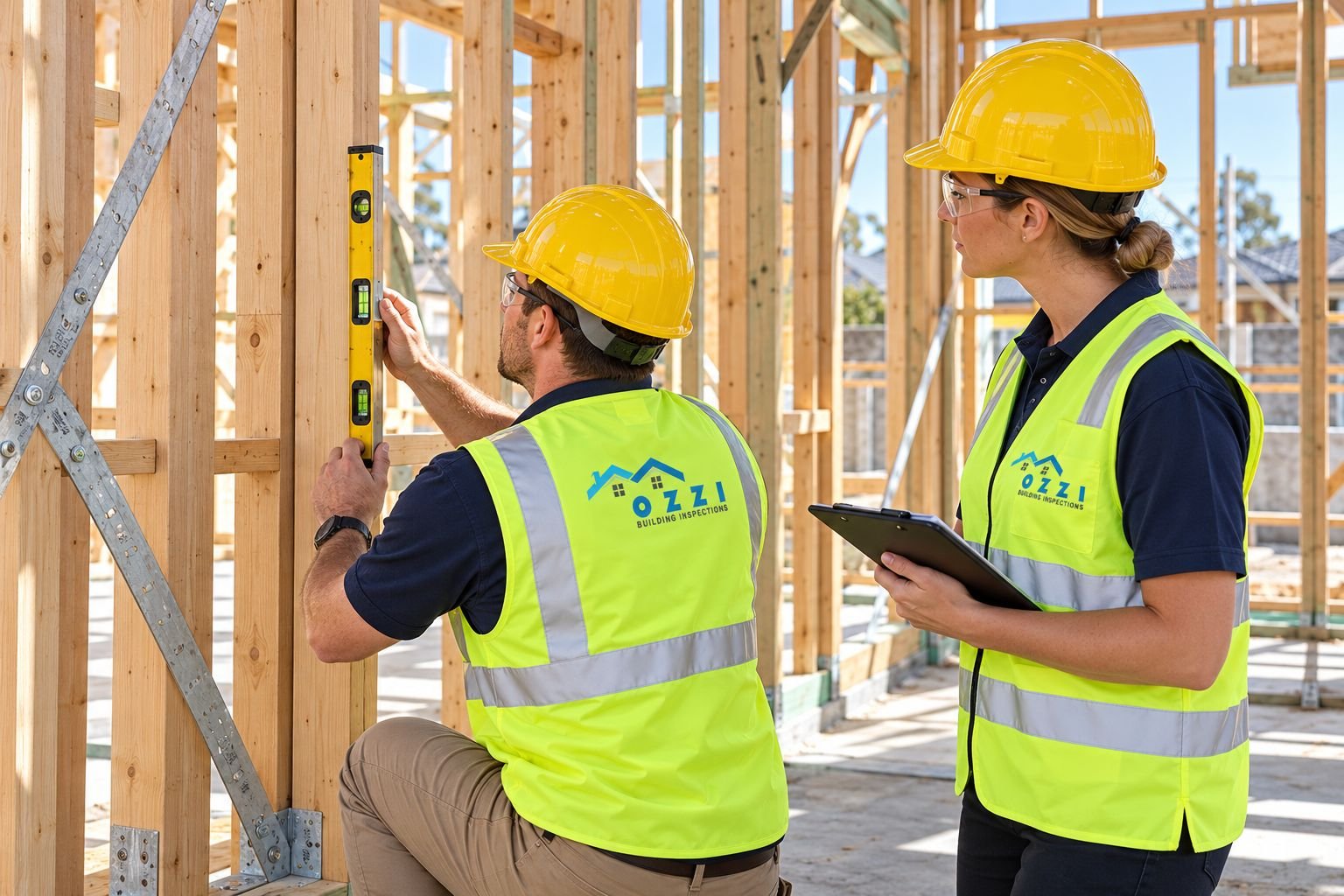 Inspectors checking a timber frame during a stage inspection