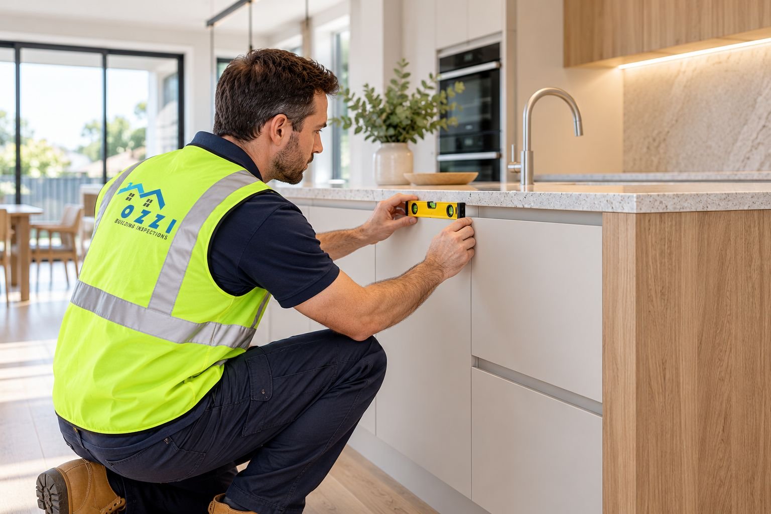 Inspector checking kitchen cabinetry at handover