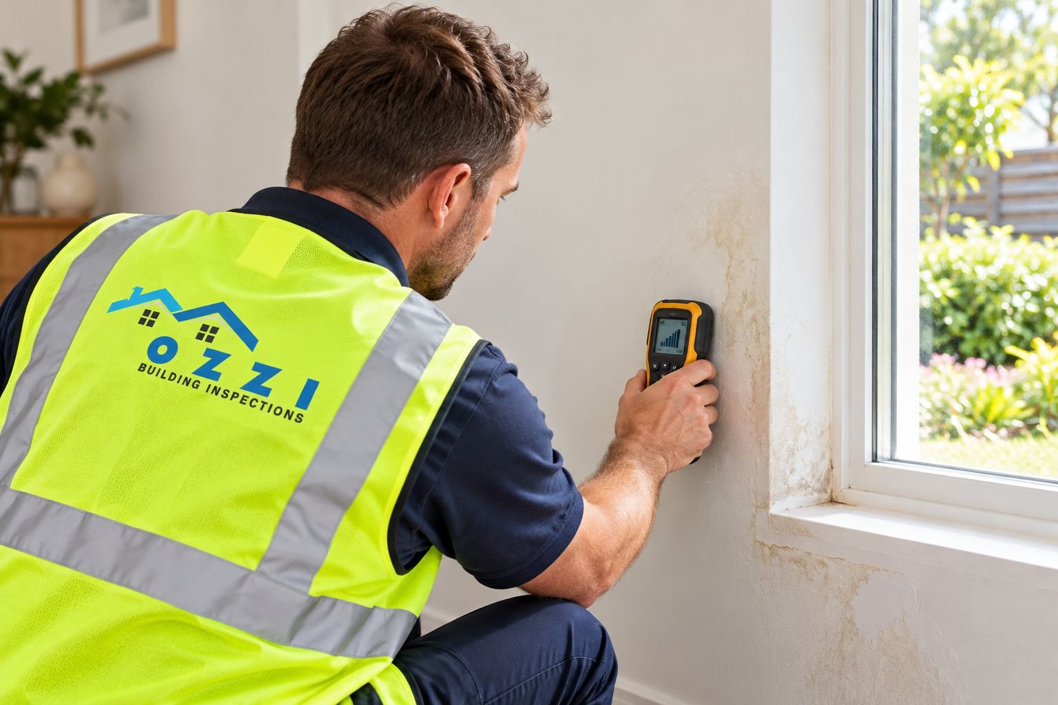 Inspector testing a damp wall with a moisture meter