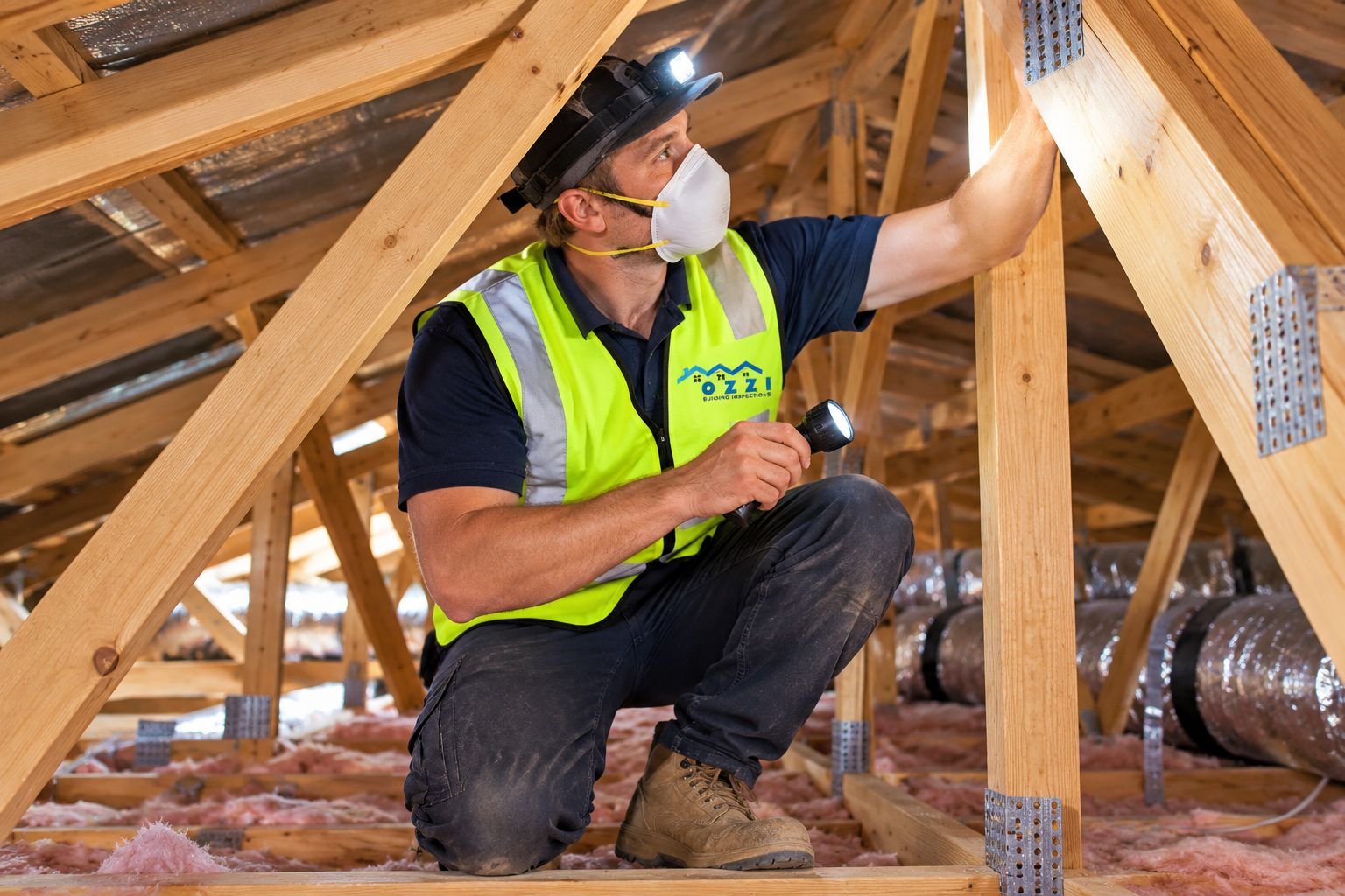 Inspector checking roof timbers with a torch