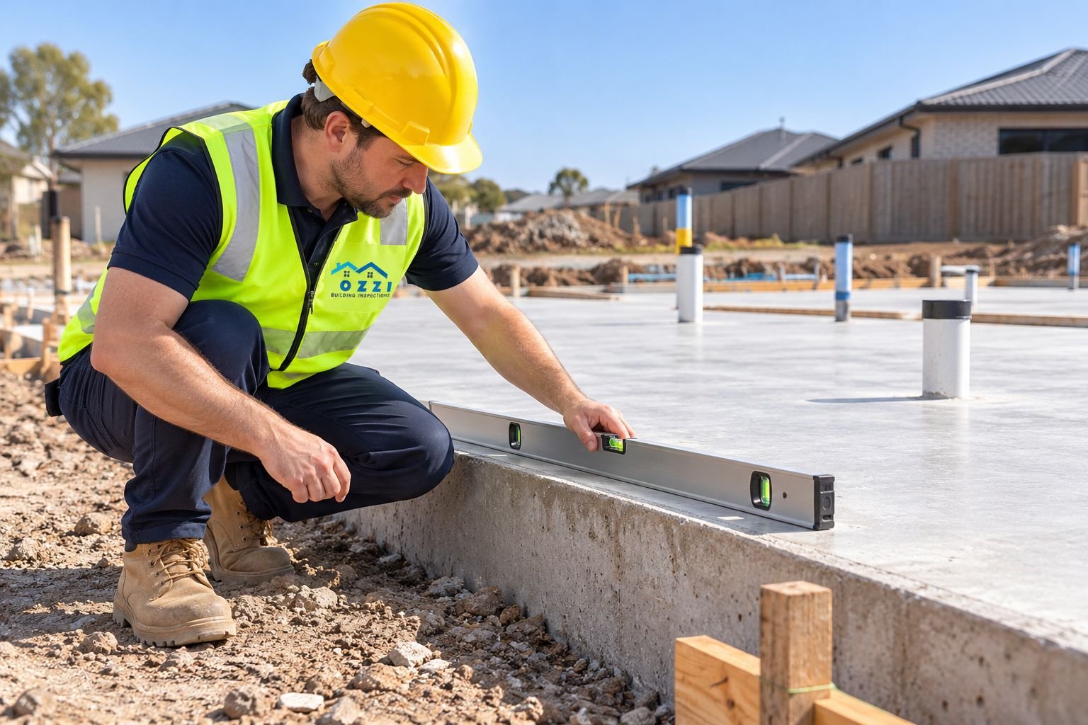 Inspector checking a concrete slab with a spirit level