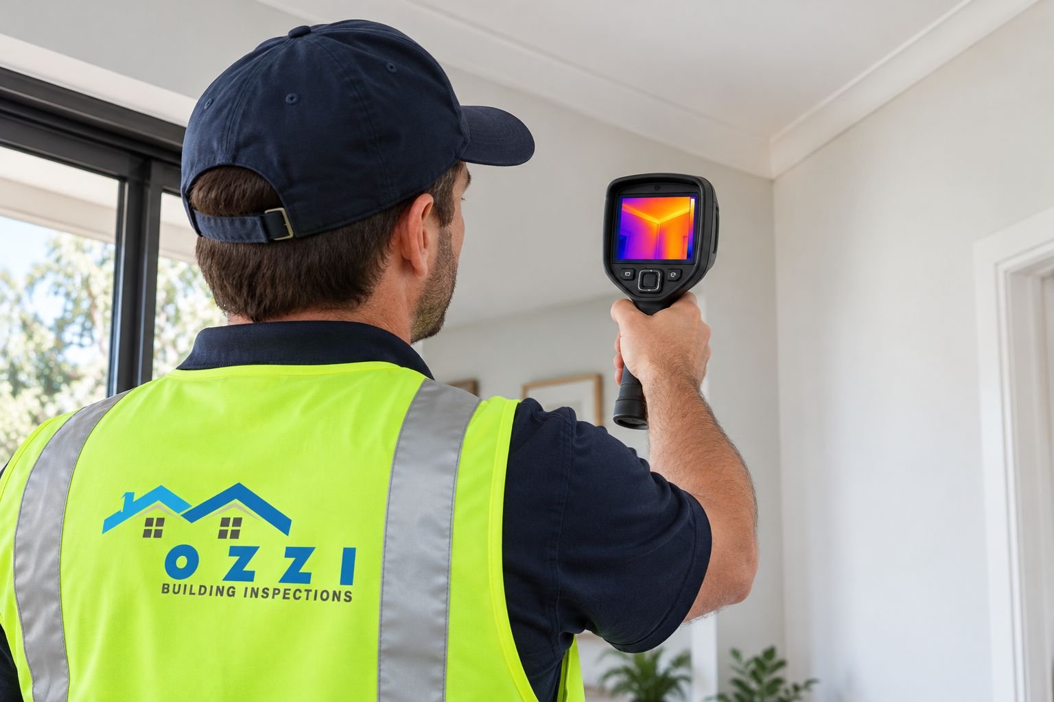 Inspector scanning a ceiling with a thermal camera